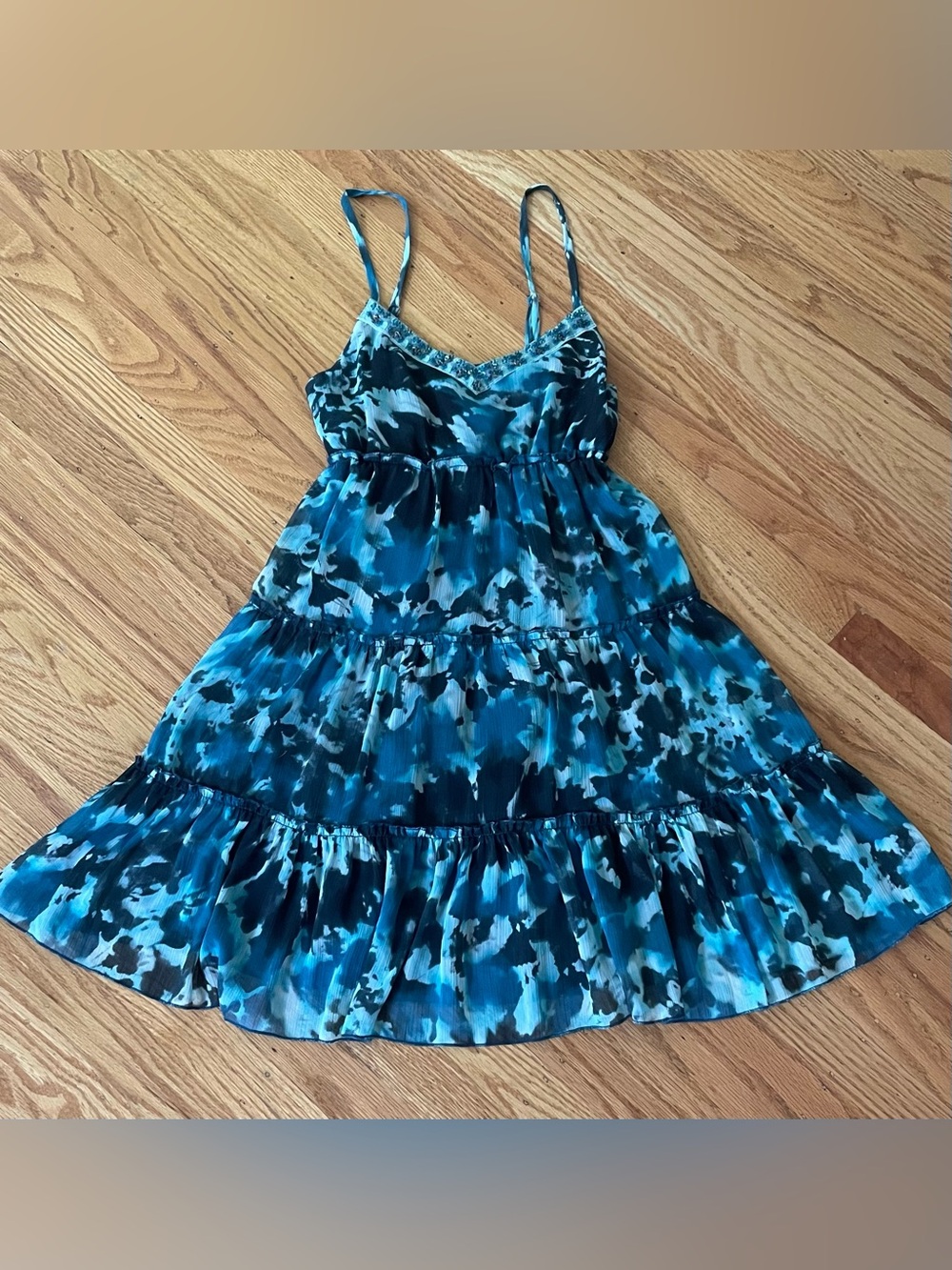 Rampage Teal & Navy Abstract Tiered Spaghetti-Strap Mini Dress